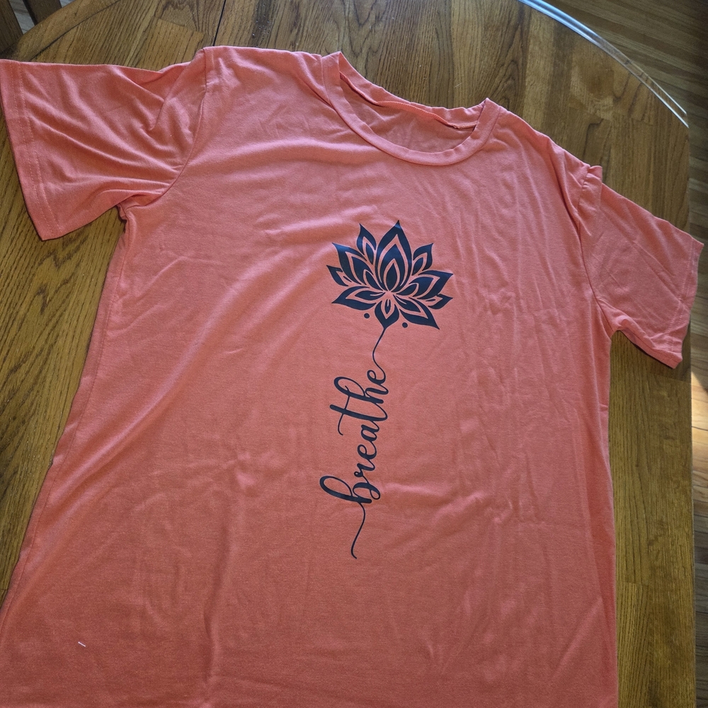 Coral T-Shirt with Lotus Design "Breath" text. XL